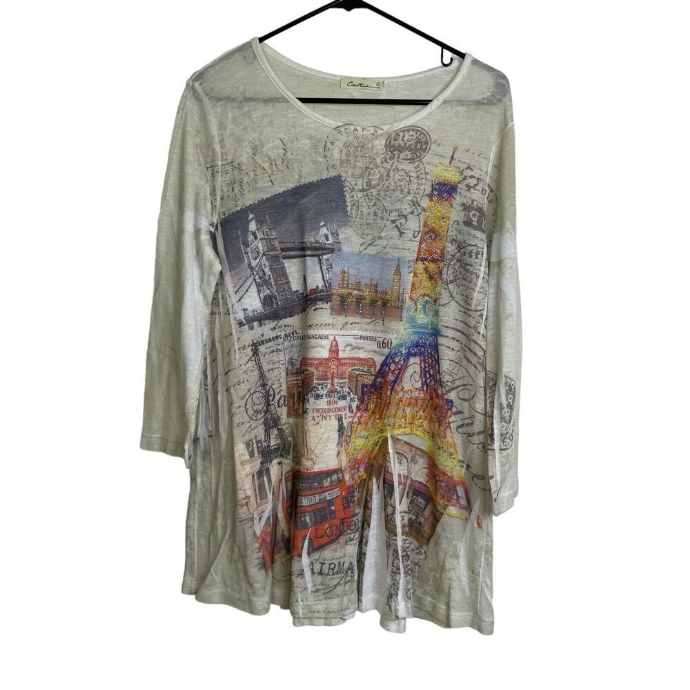 Cactus Shirt Womens Large Top White Multi Europe Paris Mail Stamp Rhinestone